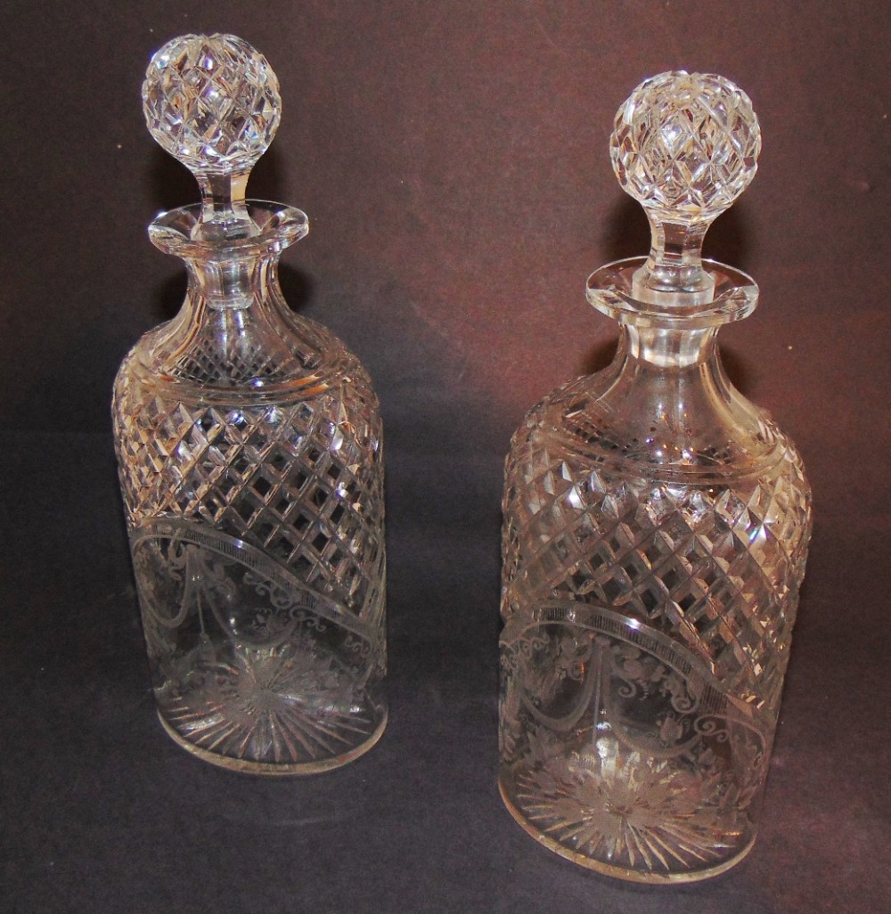 Pair Victorian cut glass decanters. Circa 1850
