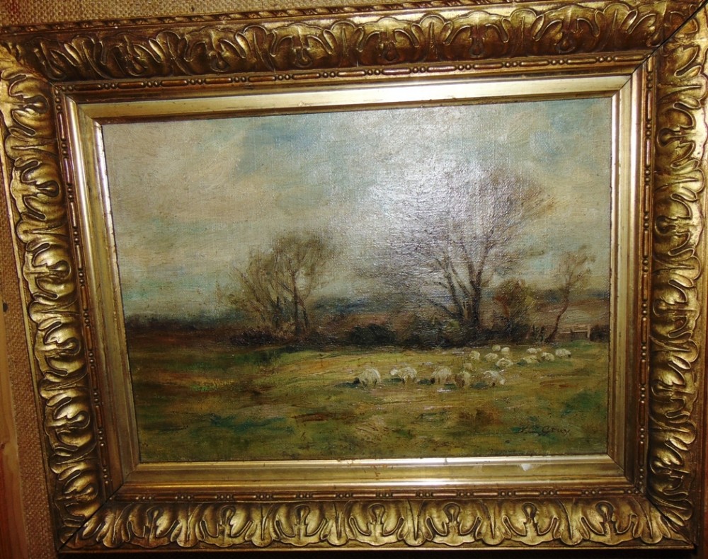 Edwardian oil Sheep grazing by J.C.Gray. Circa 1910