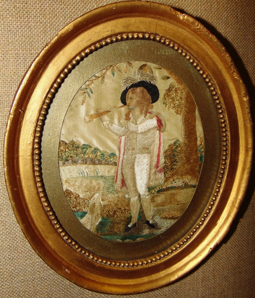 Georgian oval silkwork picture. Circa 1820