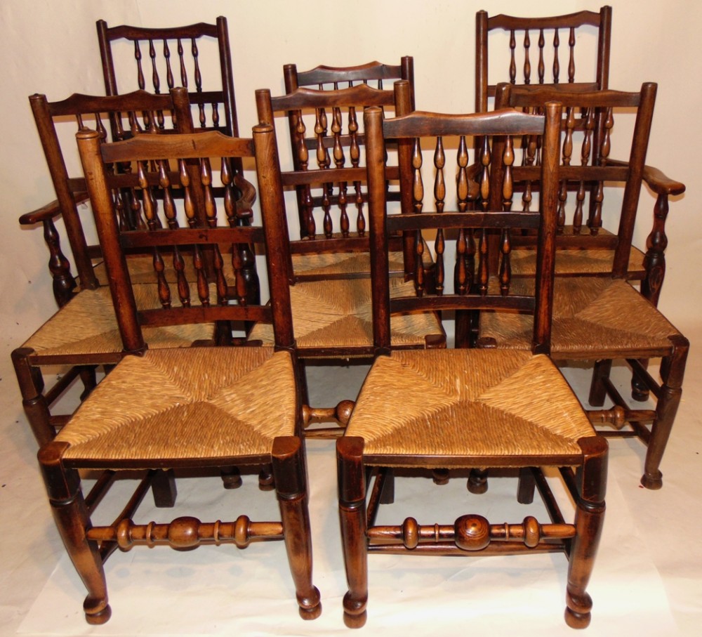 set 8 elm Lancashire spindle back chairs Circa 1800