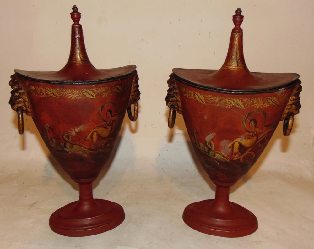 Pair Regency tole chestnut urns. Circa 1810