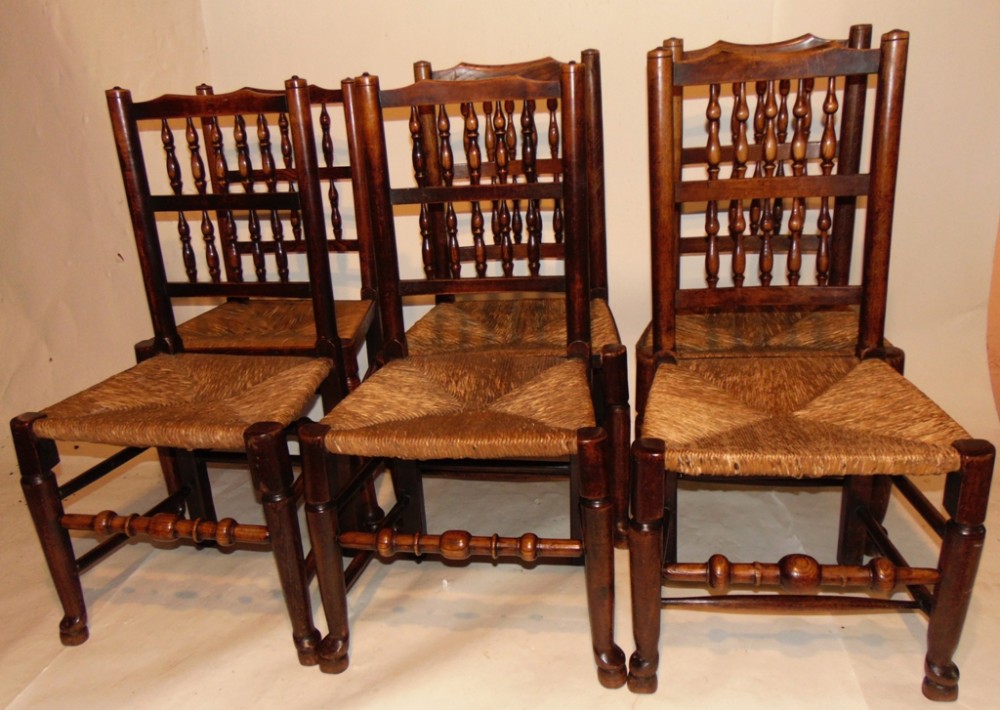 Set 6 Georgian elm Lancashire spindle back chairs. Circa 1800