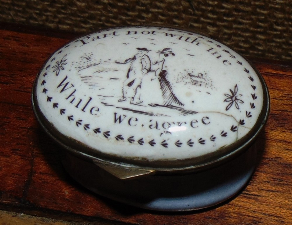 Georgian Battersea enamel oval patch box. Circa 1775