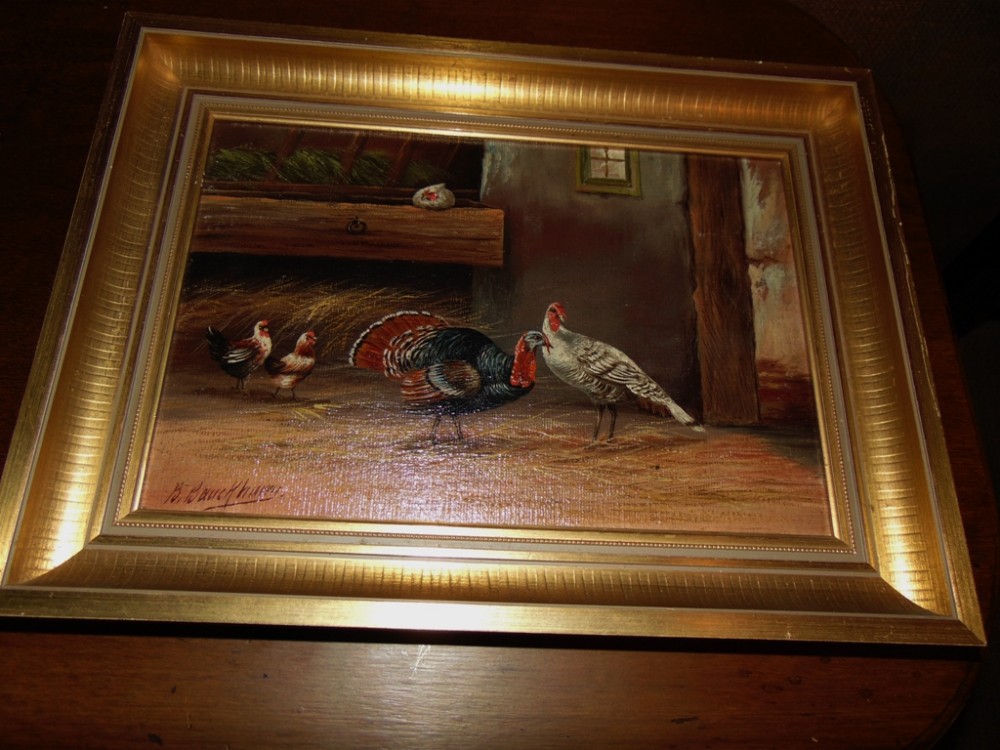 Victorian oil on board 'Hens' by B Bauckham. Circa 1890