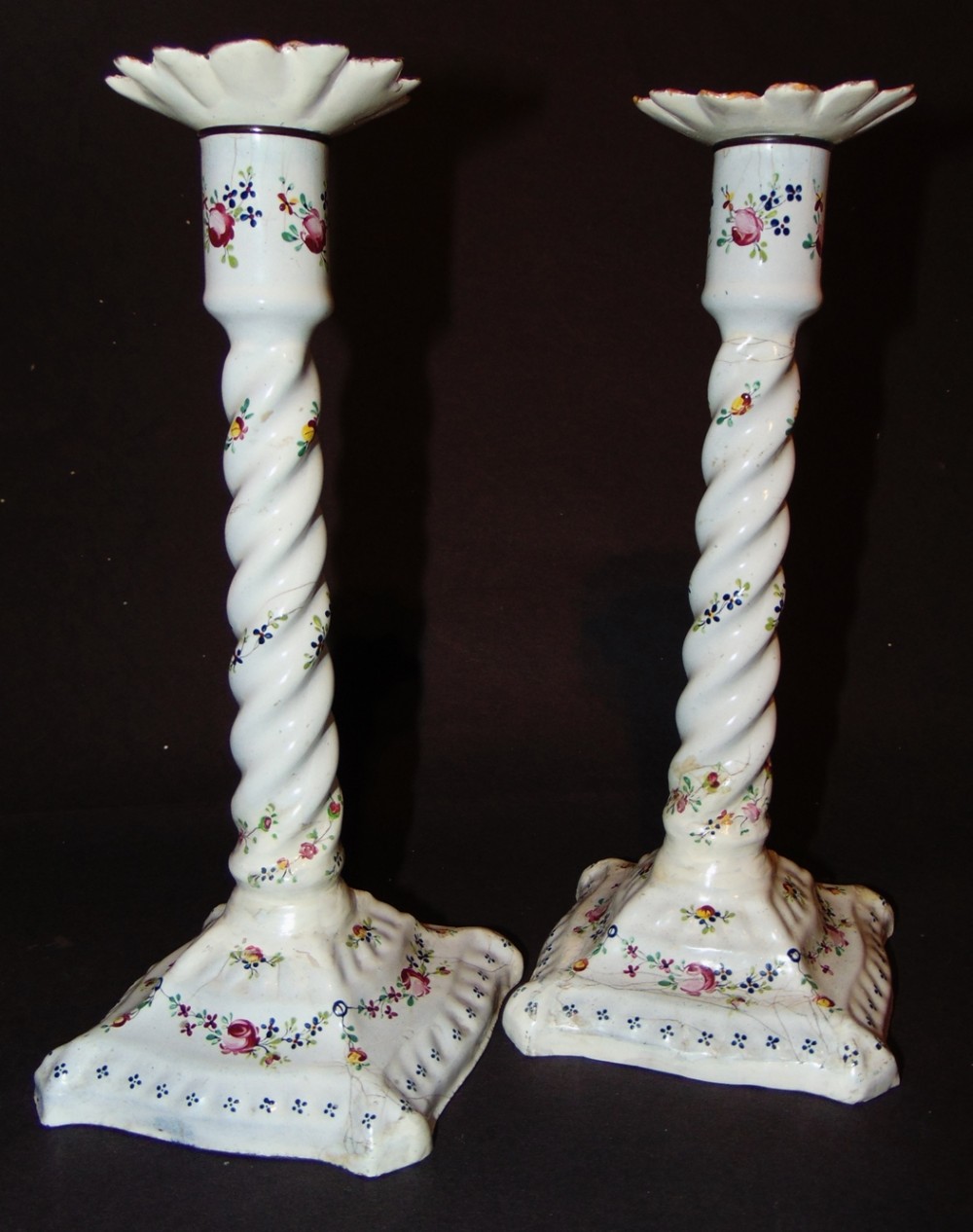 Pair Georgian Bilston enamel candlesticks. Circa 1780