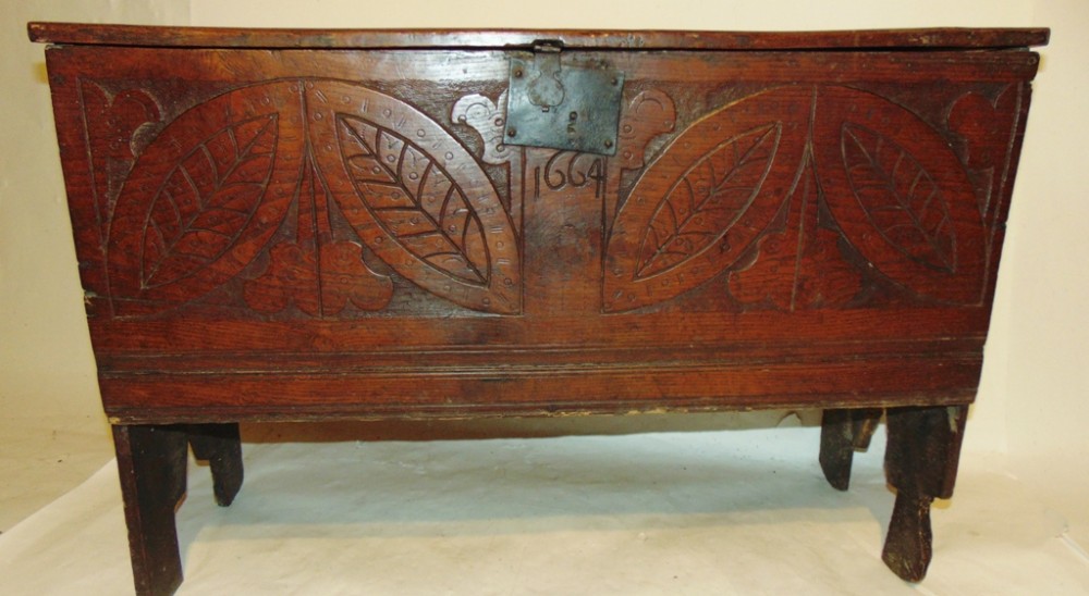 Early elm 6 plain coffer. Dated 1664