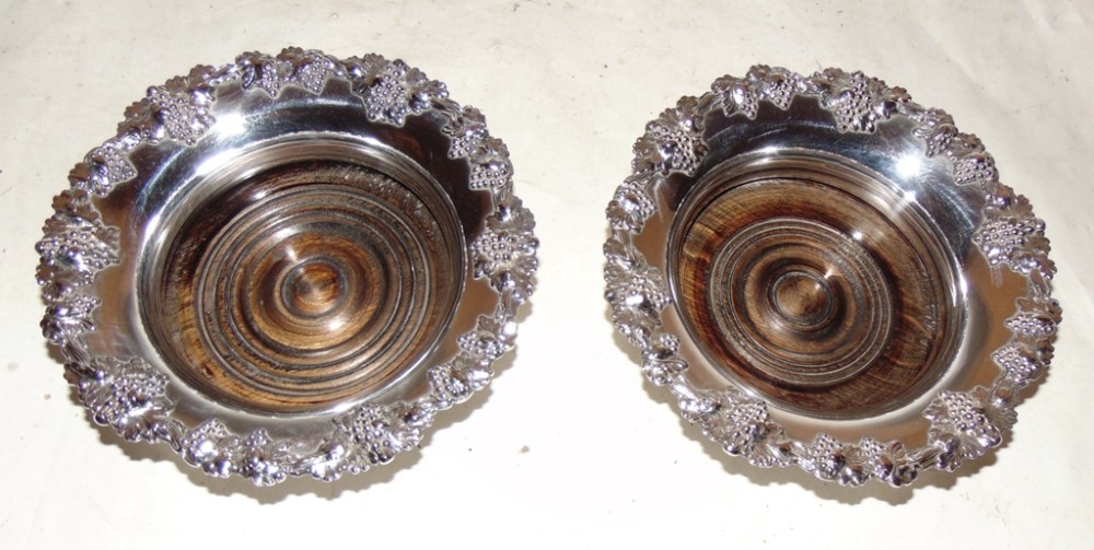 Pair Victorian silver plated coasters. Circa 1860
