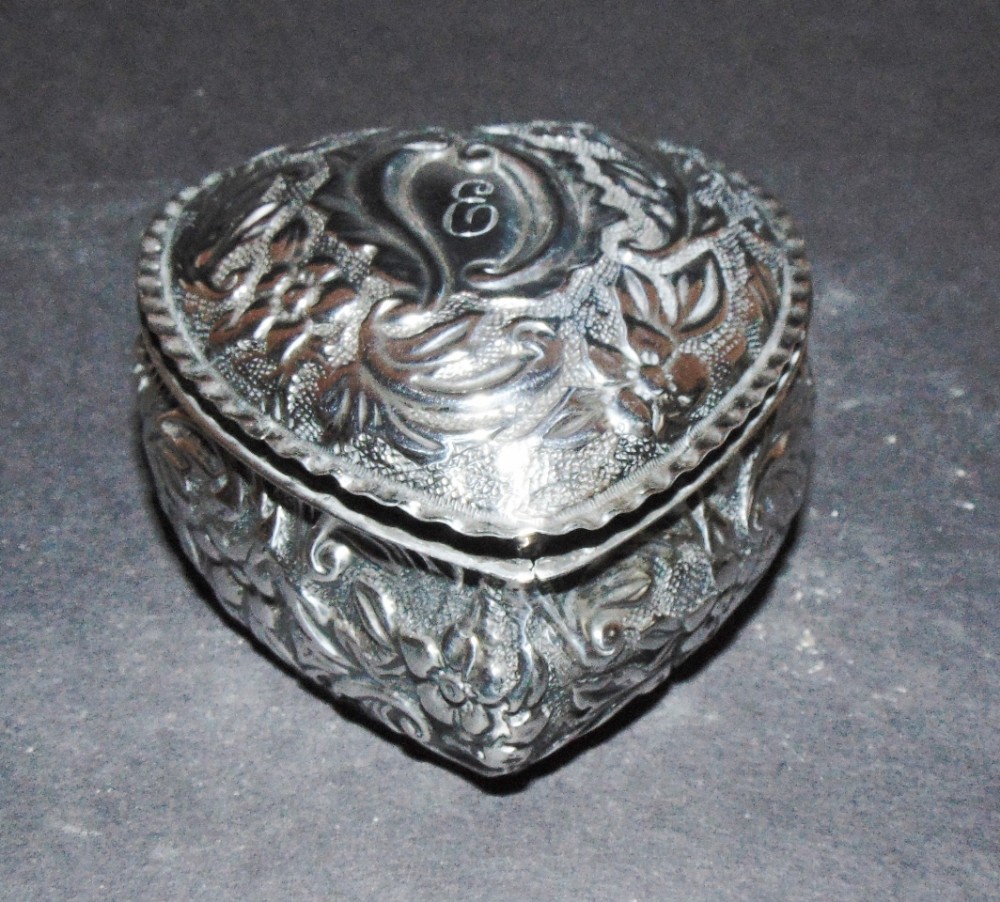 Victorian silver heart shaped trinket box. 1887