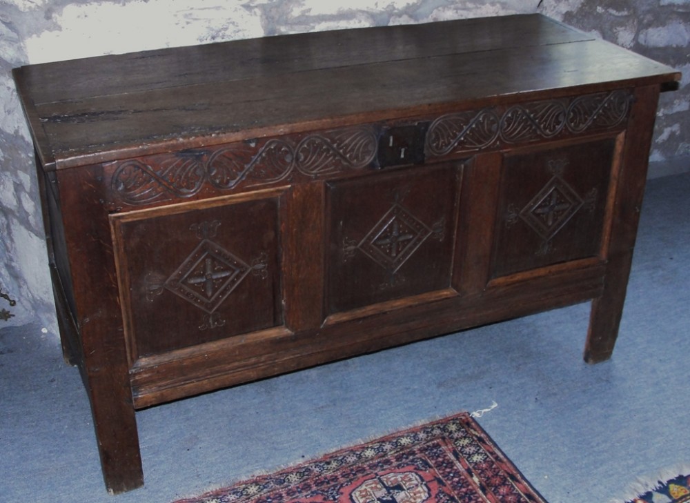 Stuart carved oak paneled coffer. Circa 1690