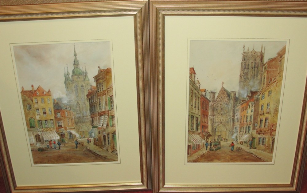 Pair watercolours Belgium by Jan van Strappen Circa 1880