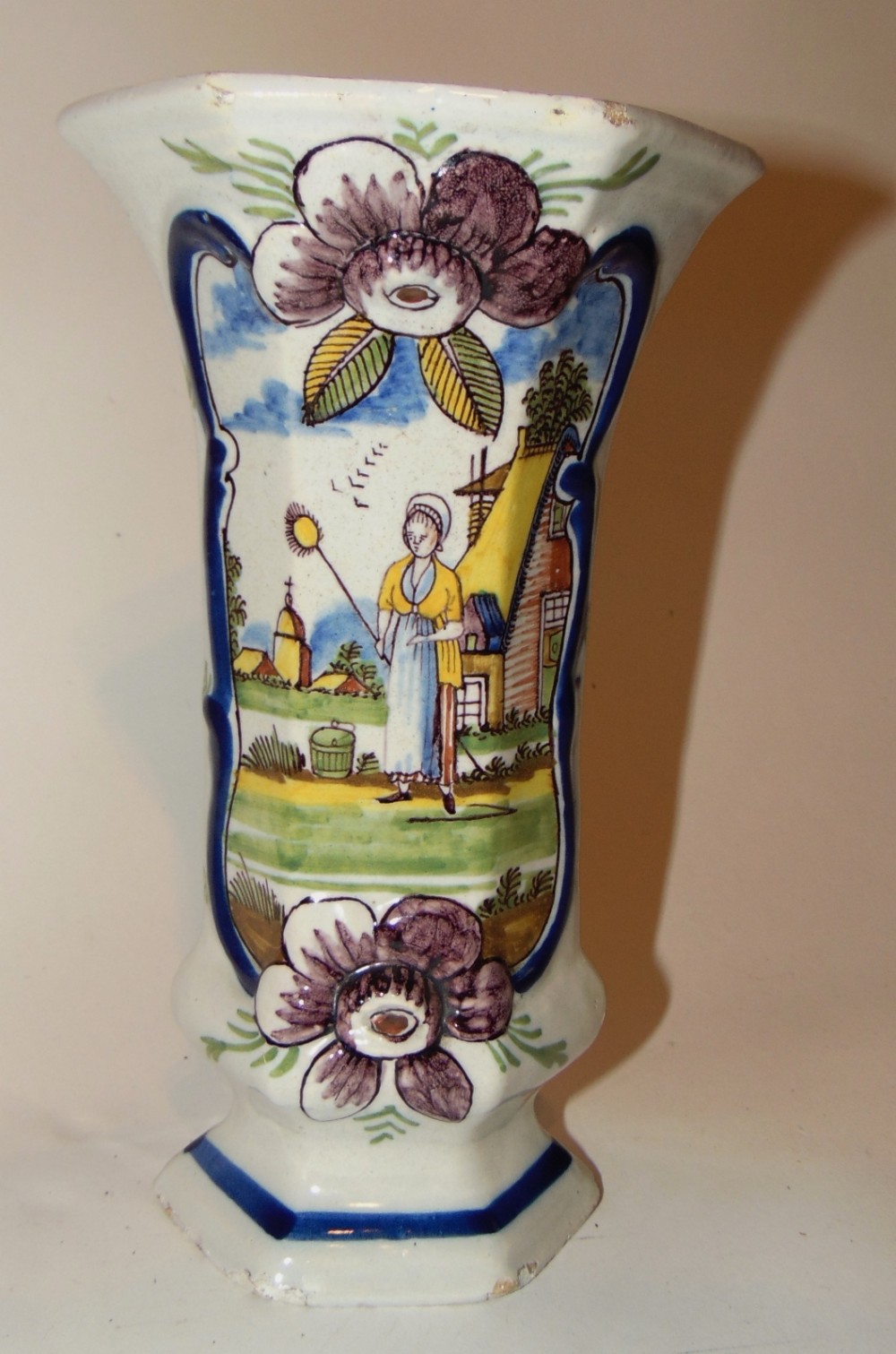 Dutch delft coloured tall vase. Circa 1820