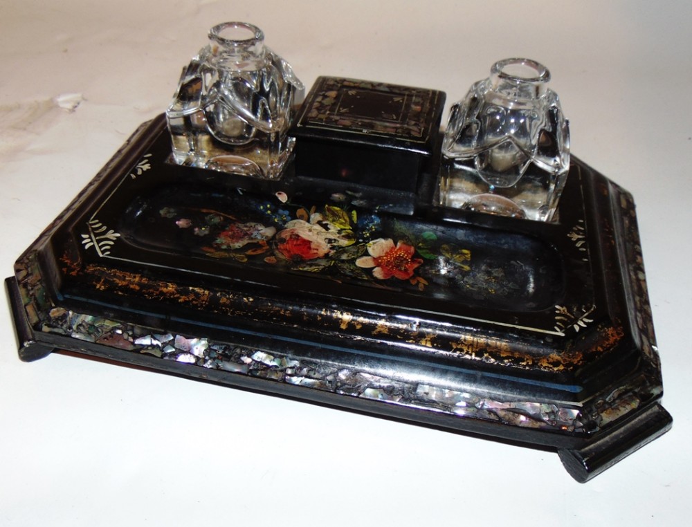 Victorian papier mache inkstand. Circa 1850