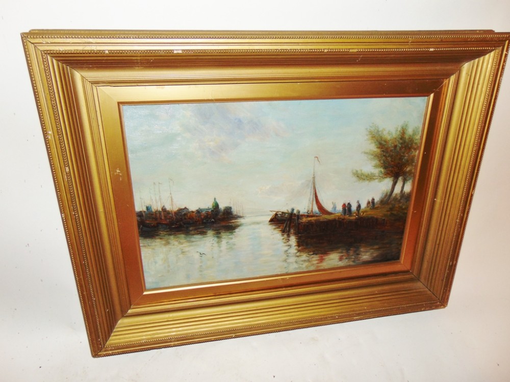 Edwardian oil painting Harbour scene Dated 1909