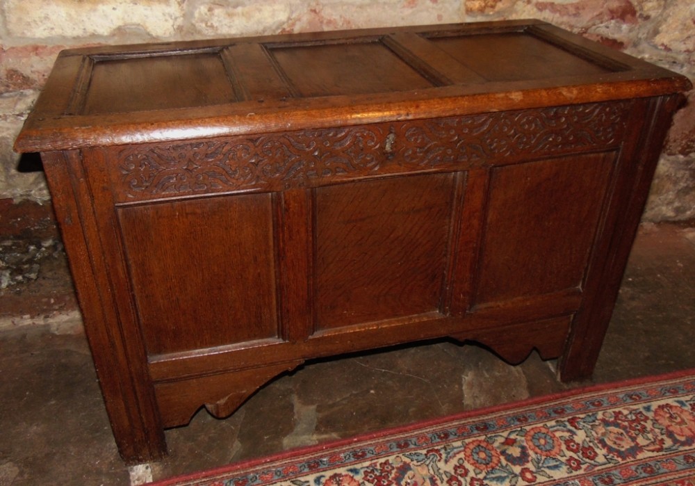 Jacobean oak paneled coffer circa 1685
