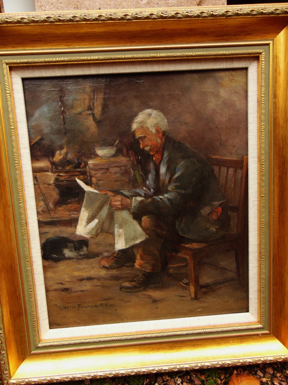 Oil painting Old man reading paper by David Fulton c1900