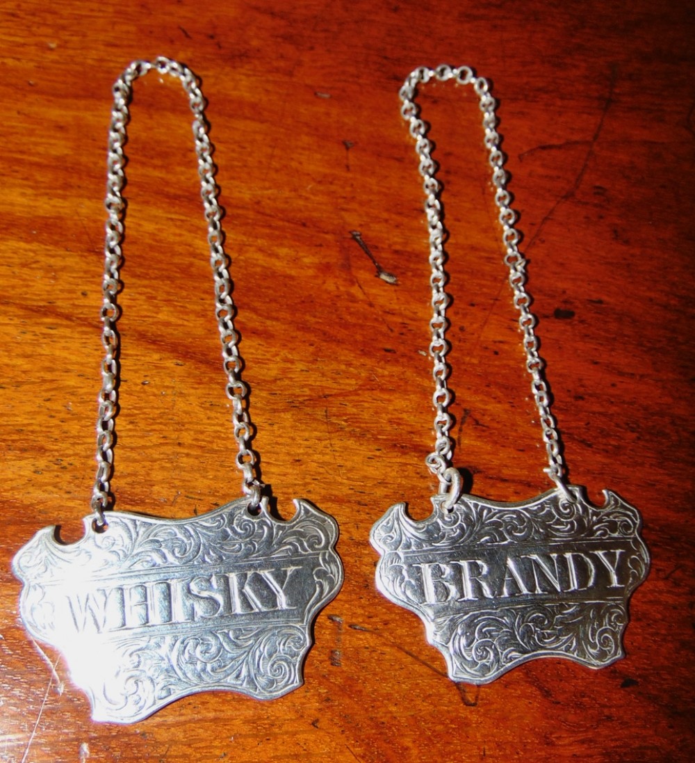 pair silver wine labels Whisky & Brandy by G. Unite 1844