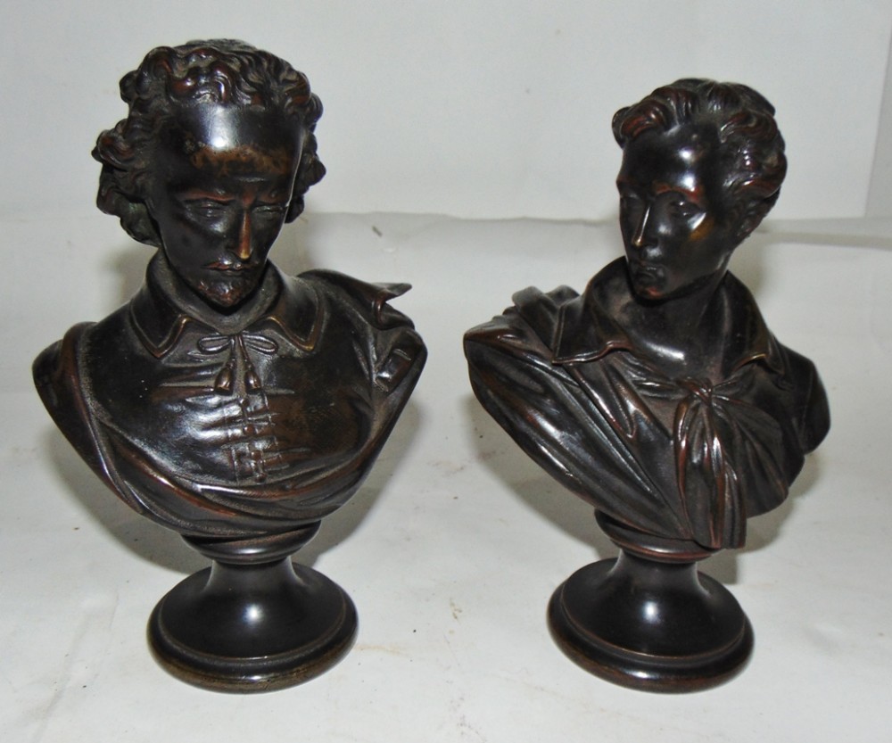 Pair Victorian bronze busts - poets. Circa 1860