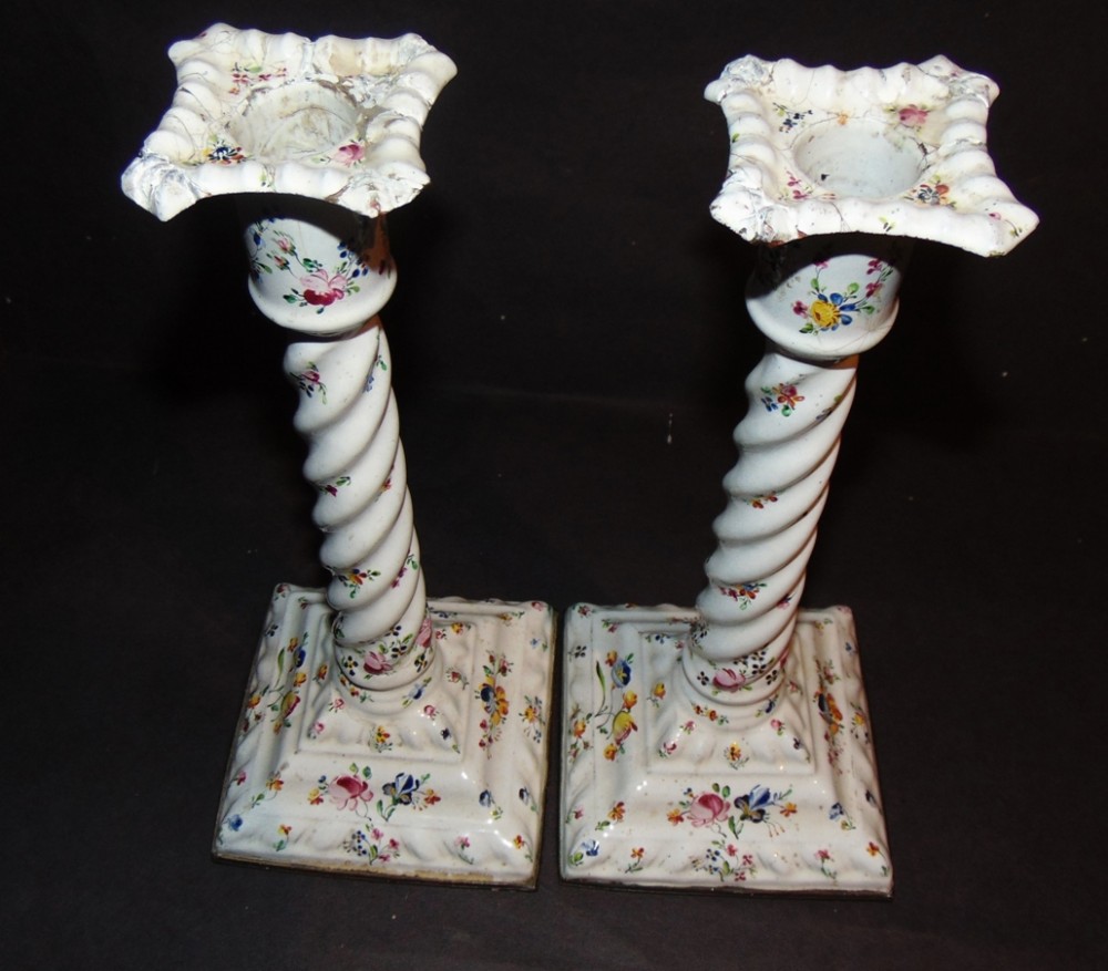 Pair Georgian Bilston enamel candlesticks Circa 1775