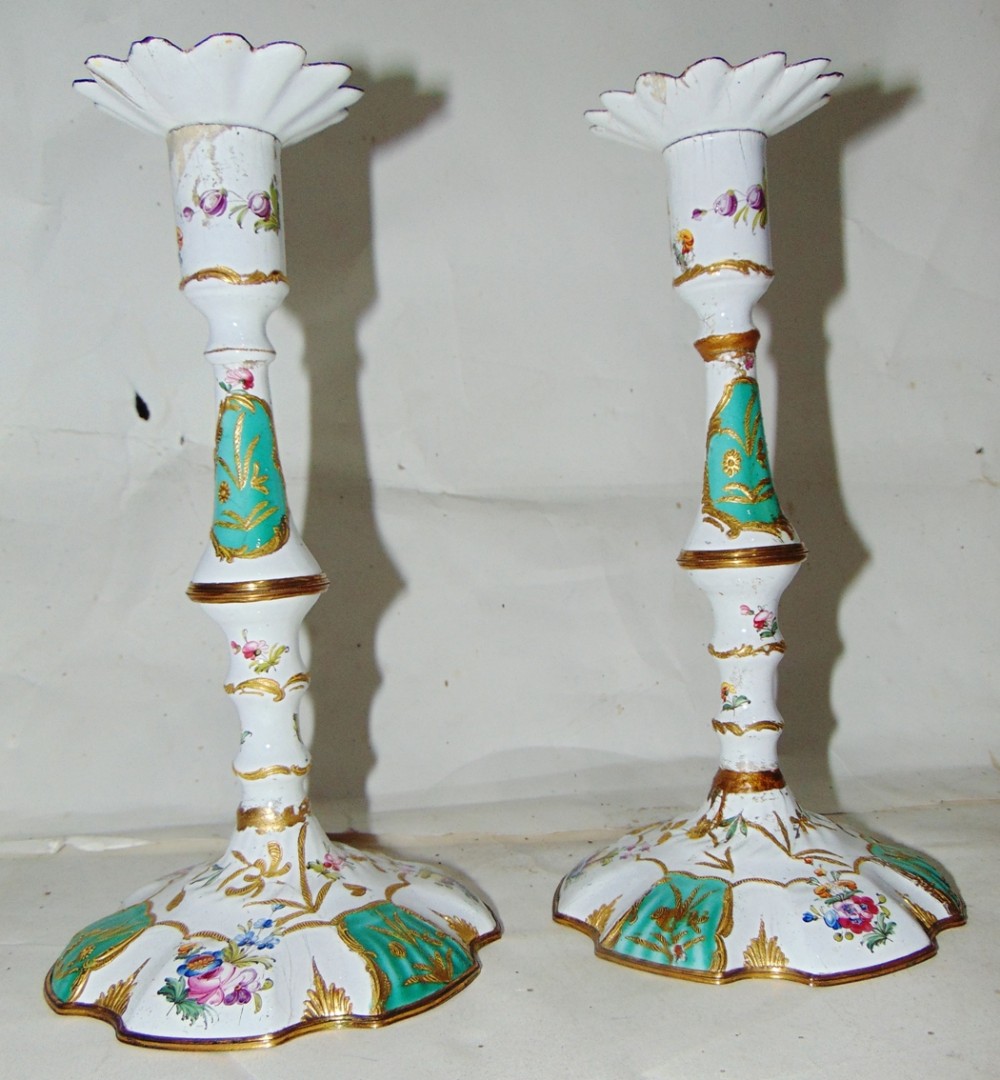 Pair Georgian Battersea enamel candlesticks circa 1775