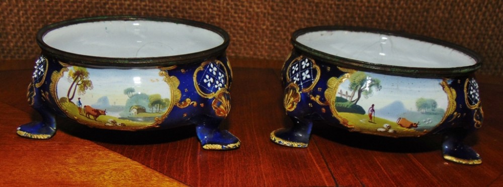 Rare pair Georgain Battersea enamel salt cellars circa 1775