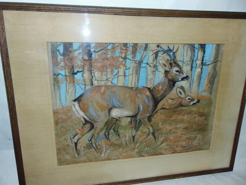 Watercolour 'Deer' by R.Gudgeon circa 1935