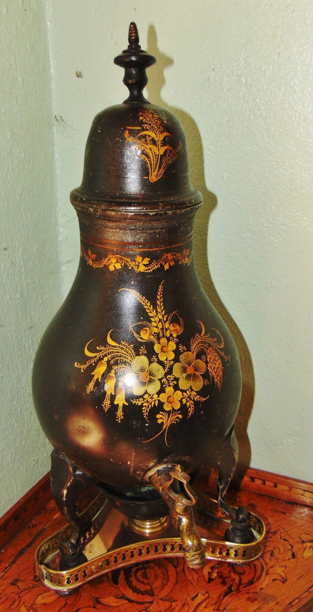 Dutch decorated pewter coffee pot & stand circa 1810