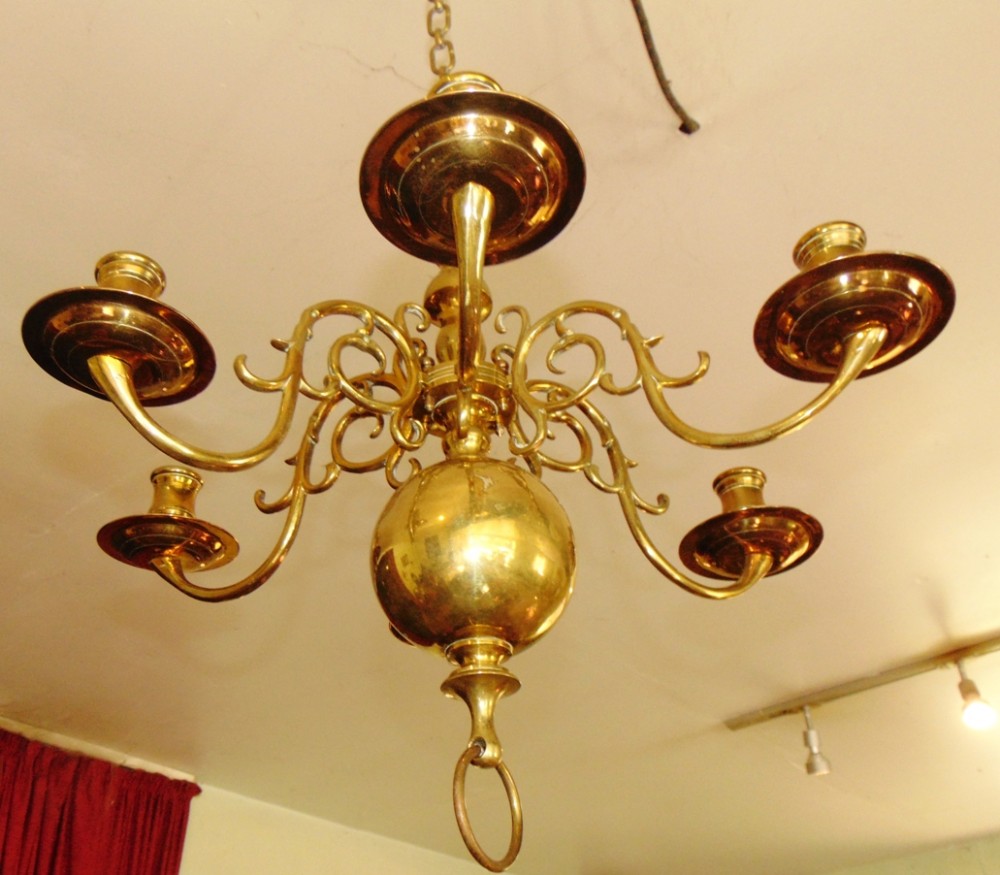 Dutch brass six branch chandelier cica 1820