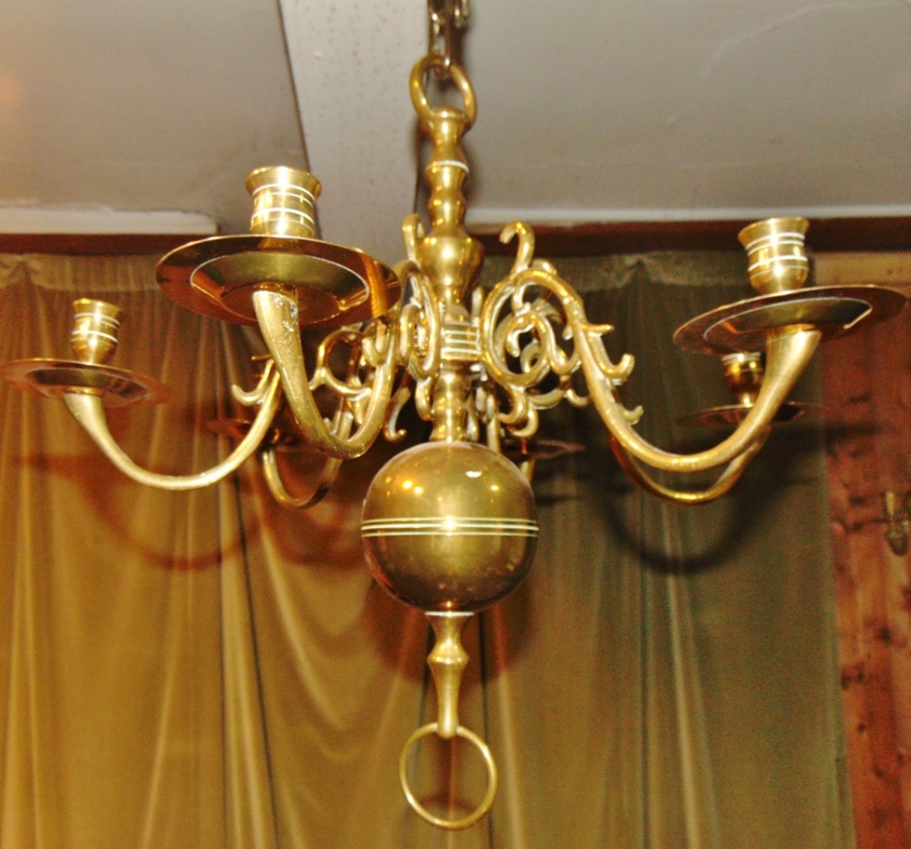 Dutch brass six branch chandelier circa 1820