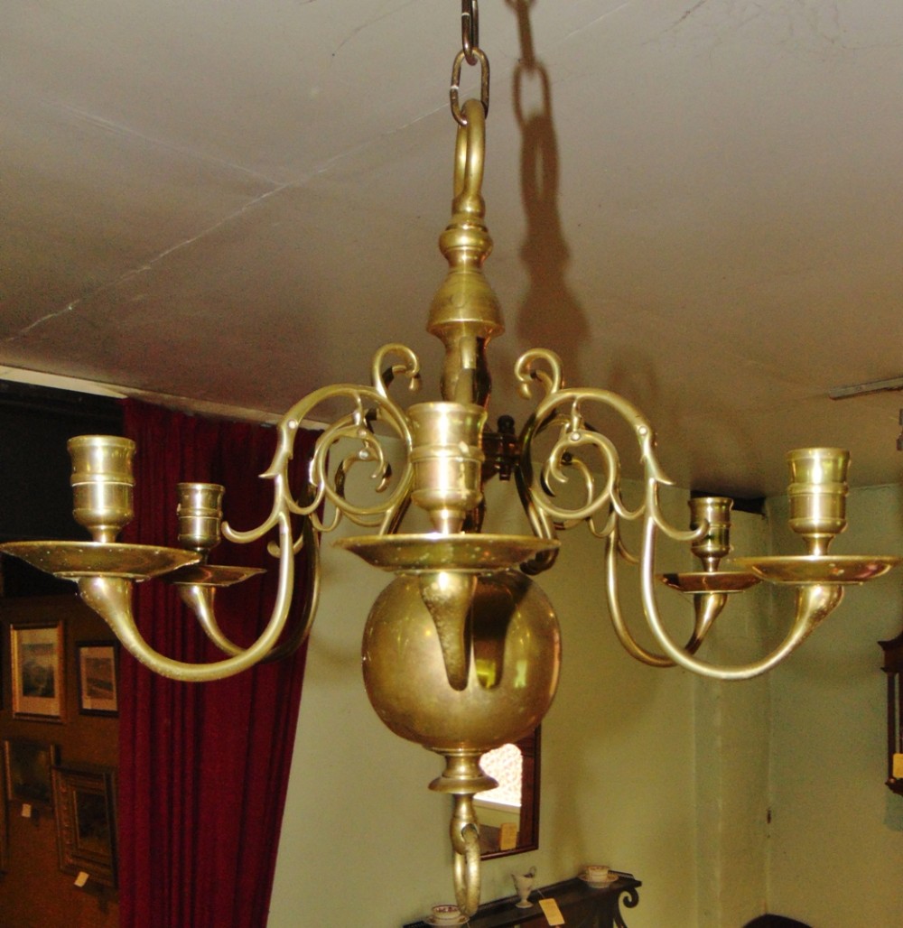 Dutch brass 6 branch chandelier circa 1830