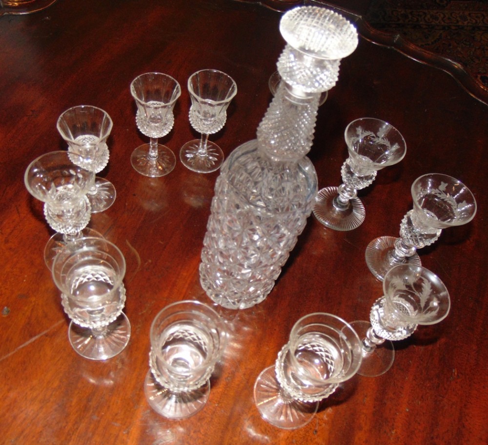 Cut glass thistle decanter & glasses circa 1920