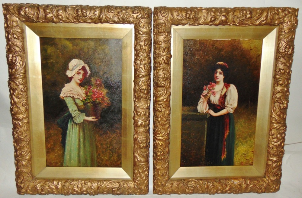 Pair oils on boardcanvas lady by J.A.McColvin circa 1900