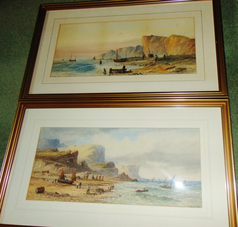 Pair watercolours Sussex coast by E.Lewis dated 1900