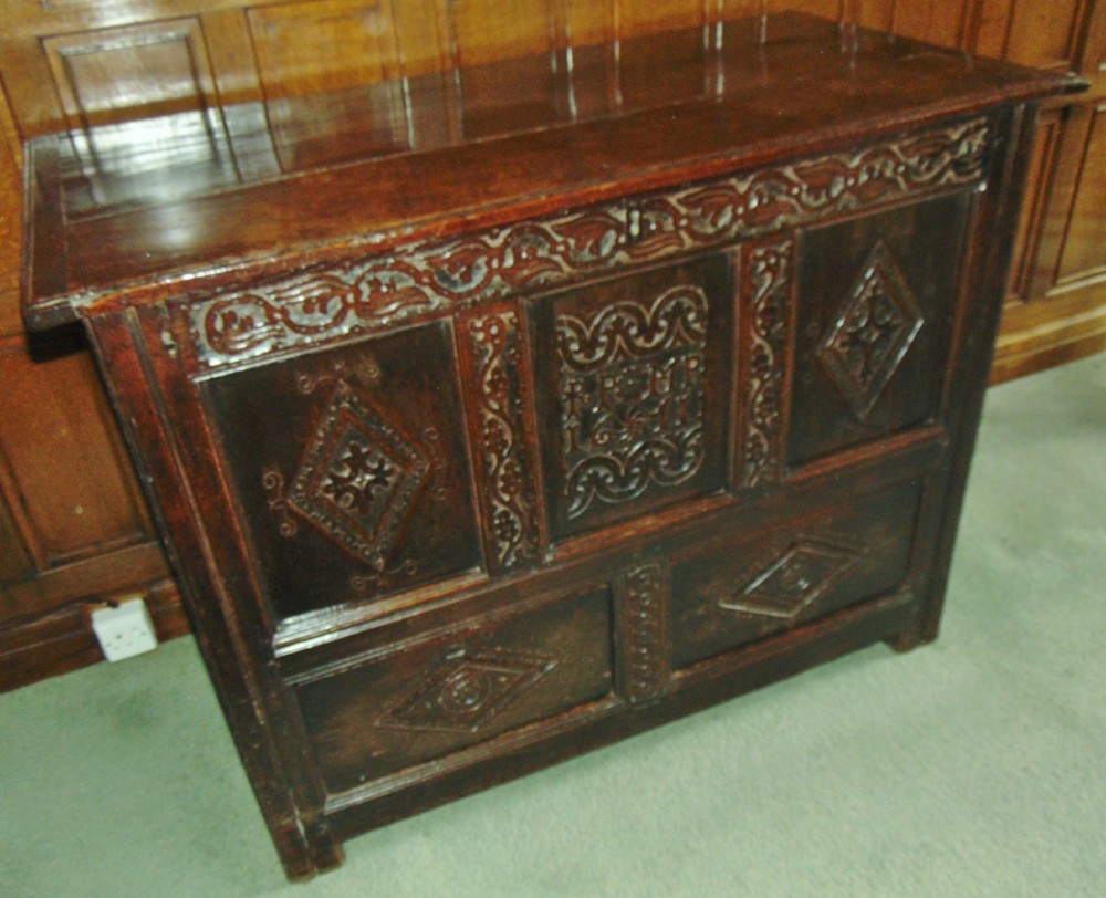 Early oak carved marriage chest or coffer 1671 dated