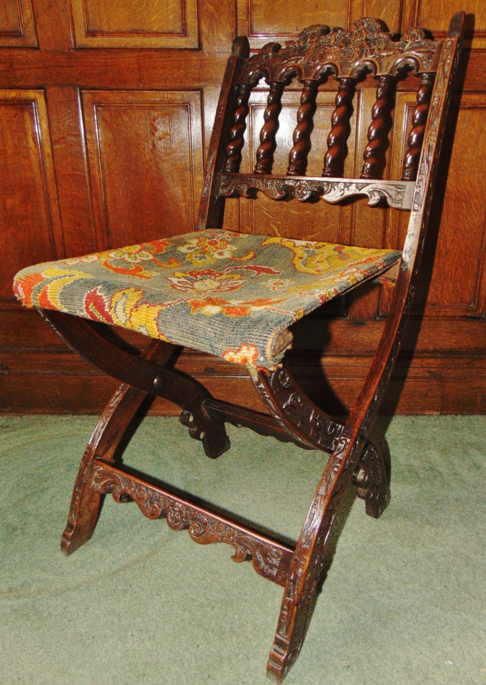 Rare Dutch carved oak folding chair circa 1680