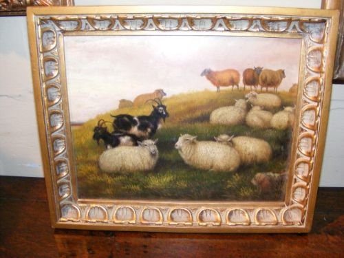 19th Century Oil on Board of Sheep and Goats in Pastoral Landscape