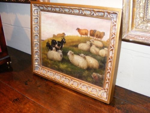 fig 1. 19th Century oil on board of sheep and goats in pastoral landscape