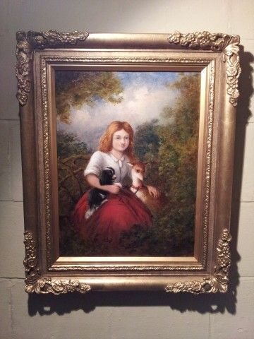Exquisite 19th Century Oil on Board of Young Girl with Spaniel