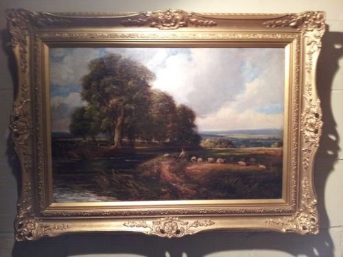 A Landscape Oil Painting with Sheep and Shepherd.