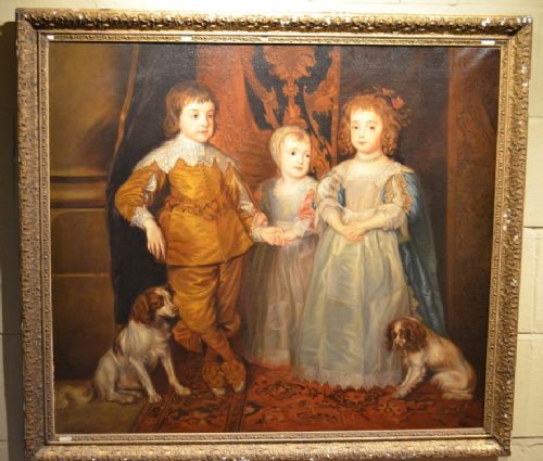 Superb 19th Century Oil on Canvas of the Three Children of King Charles I  After Anthony Van Dyck