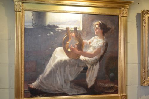 Beautiful Late 19th Century Oil on Canvas of a Lady Playing a Lyre Signed I.r.tayler