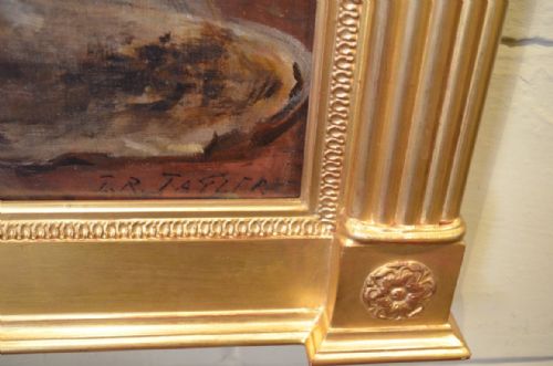 fig 1. Beautiful Late 19th Century Oil on canvas of a lady playing a lyre signed I.R.Tayler