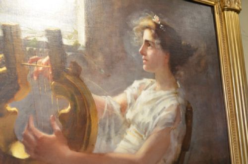 fig 2. Beautiful Late 19th Century Oil on canvas of a lady playing a lyre signed I.R.Tayler