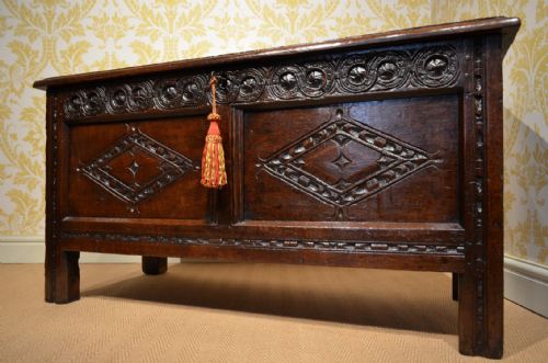 fig 1. Fabulous Late 17th Century Oak Coffer with beautiful deep carving and superb patination