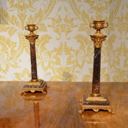 A Stunning Pair of Russet Marble Candlesticks. C.1900
