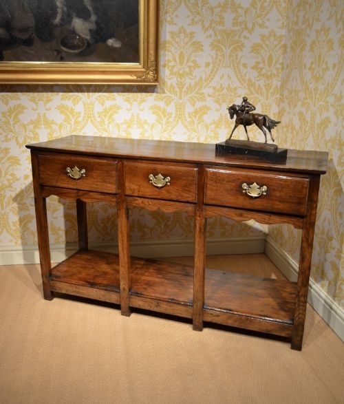 Fabulous 18th Century Oak Potboard Dresser Base with Three Drawers Sat Above a Decorative Shaped Frieze.