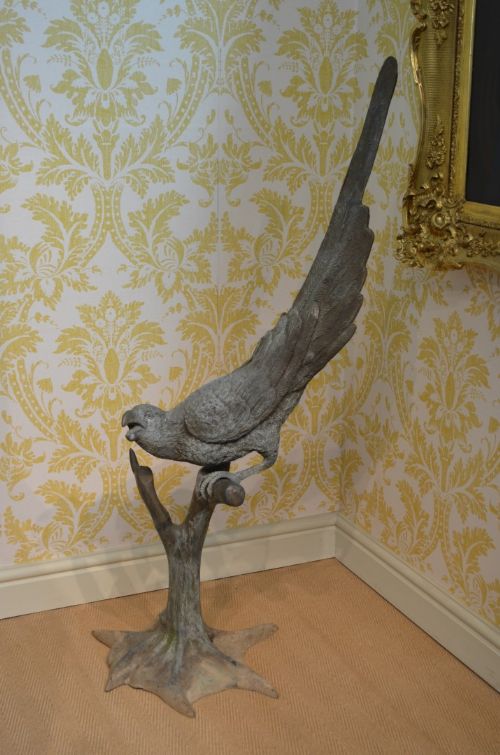 Early 20th Century Large Oriental Cast Bronze of a Parrot Perched on a Tree Stump.