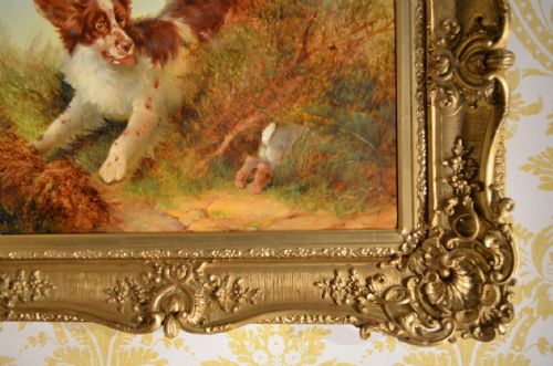 fig 1. Superb oil painting of Spaniel chasing rabbit. Follower of Richard Ansdell (1815-1885)