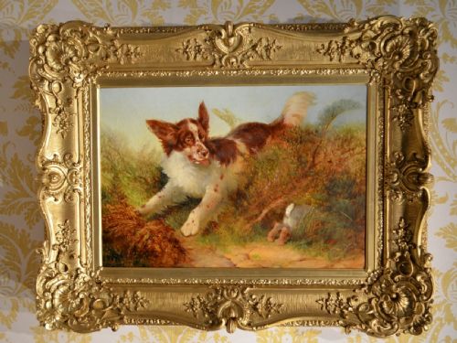 Superb Oil Painting of Spaniel Chasing Rabbit. Follower of Richard Ansdell (1815-1885)