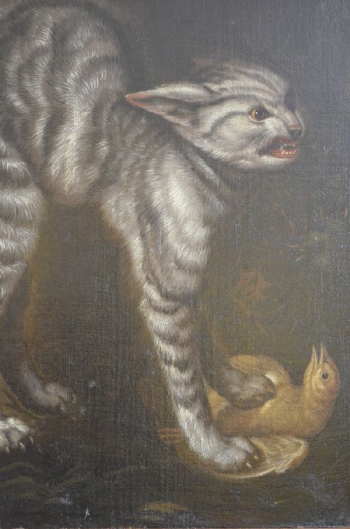 fig 1. 17th Century Oil Painting - Cat and Bird in the style of Jan Fyt...