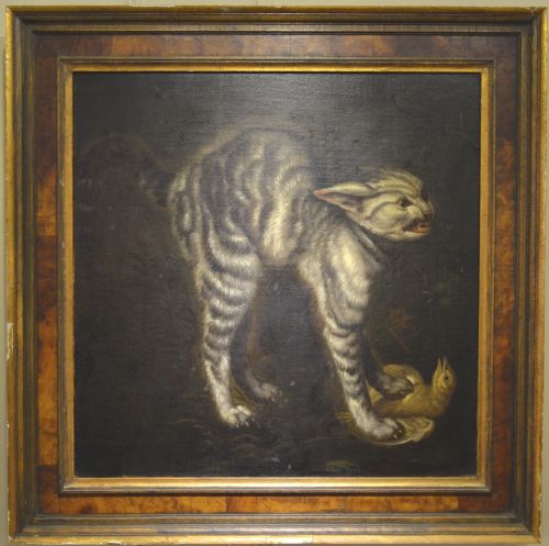 17th Century Oil Painting - Cat and Bird in the Style of Jan Fyt...